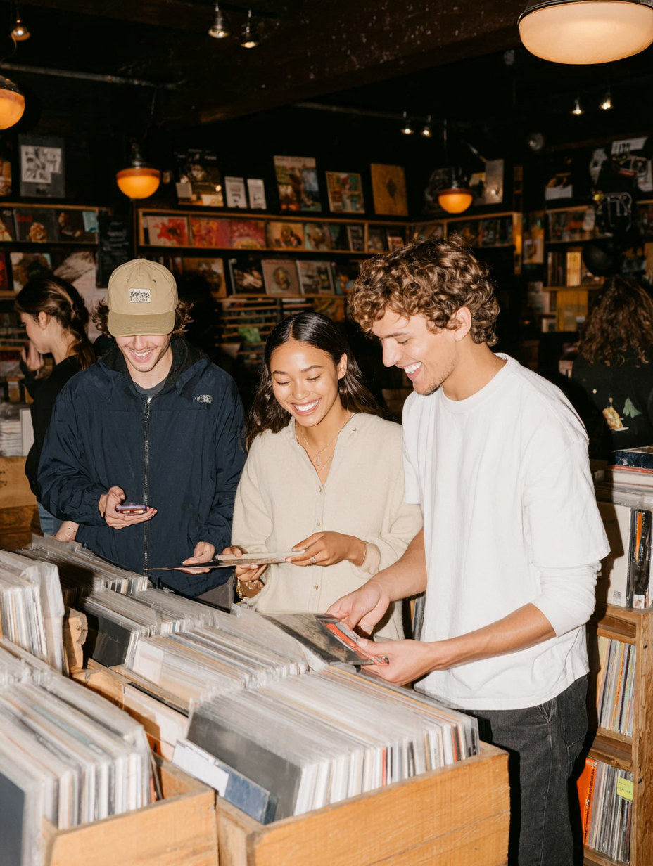 Friends browsing and shopping together in a record store